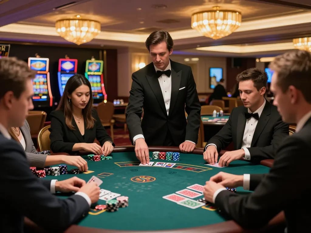 Players strategizing their bets at 688v blackjack table in a luxurious casino atmosphere