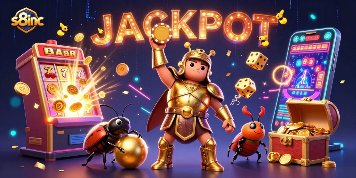 Experience exciting gaming with s8inc's vibrant jackpot scene featuring dynamic characters and explosive casino elements.