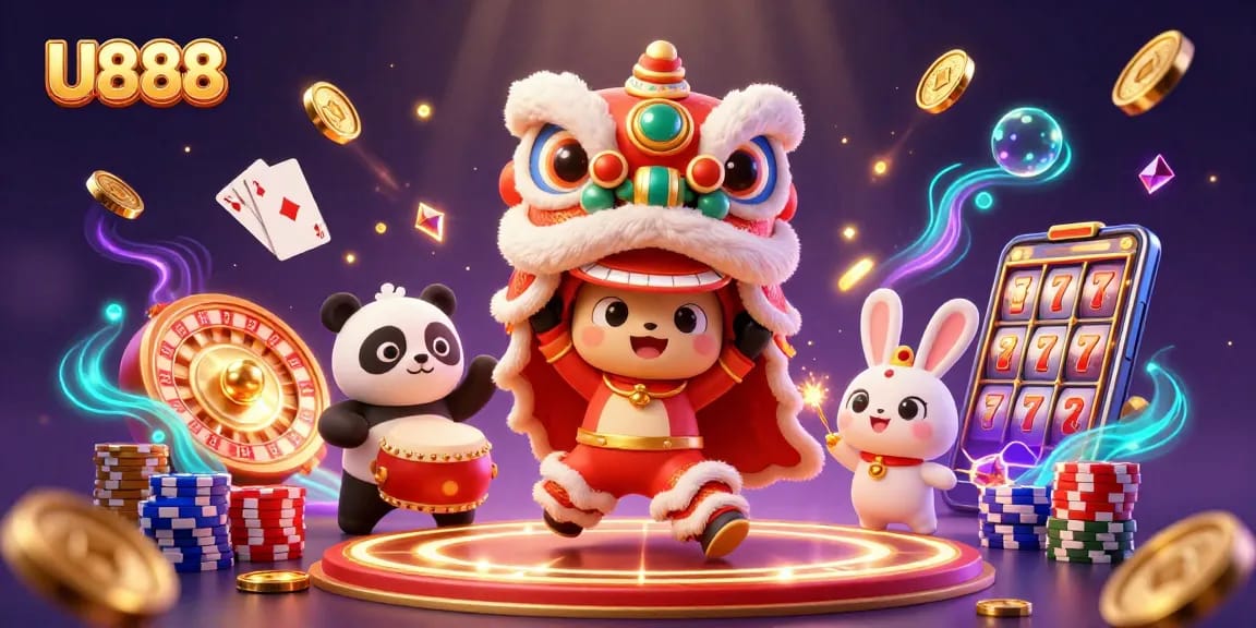 Experience thrilling gameplay at U888 with dynamic characters in a festive 3D casino scene.