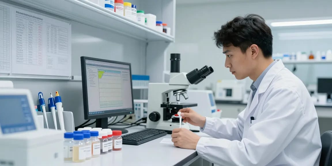 Research-grade peptides Canada displayed in a lab setting with a researcher analyzing purity.