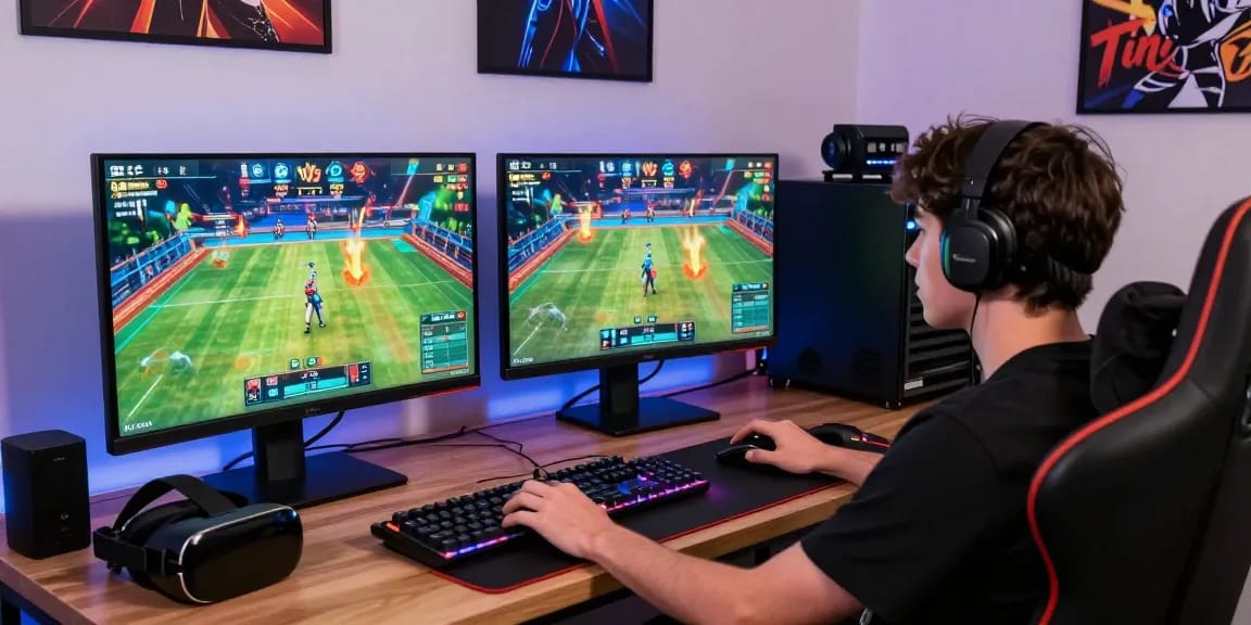 Player fully engaged in online gaming at https://79club.dev/ with vivid visuals on multiple screens.