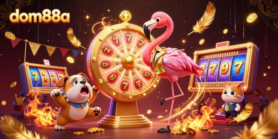 Experience thrilling gameplay at dom88a with vibrant prize scenes, slot reels, and golden tokens.