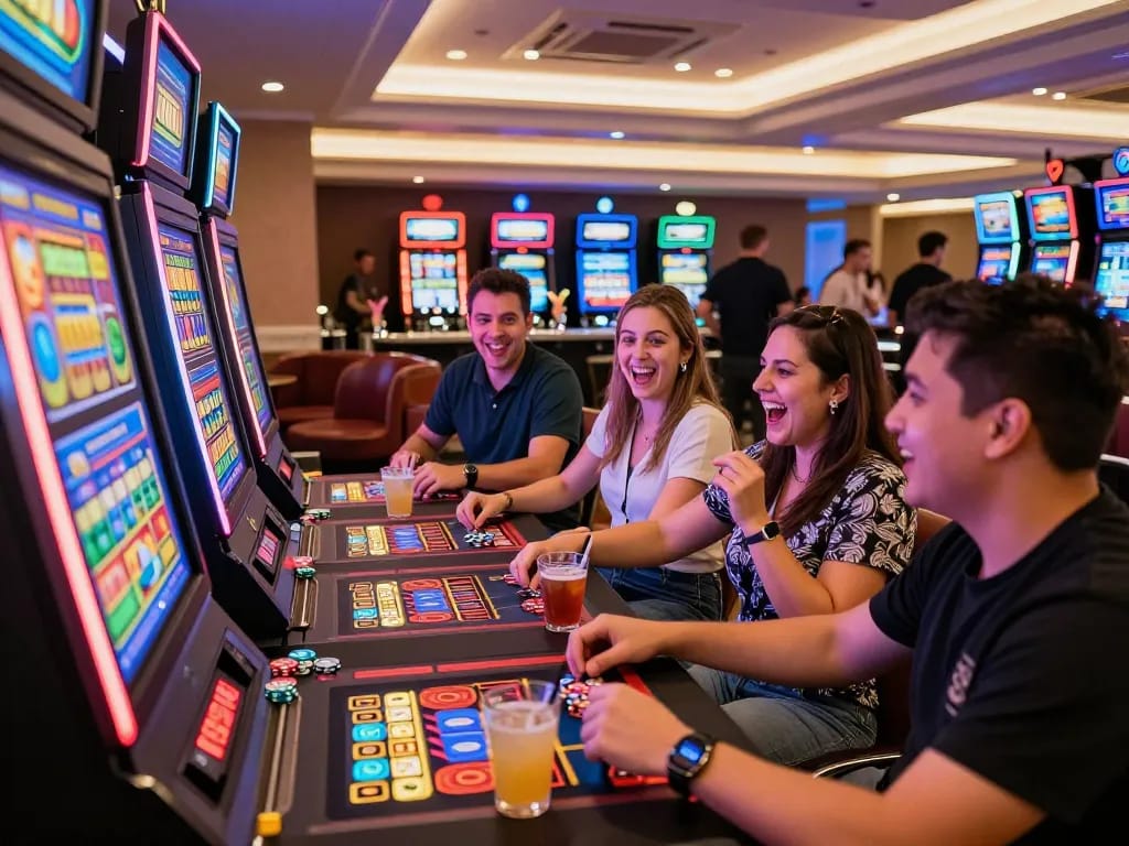 Exciting casino moment at MM88 with friends engaging around digital slot machine.