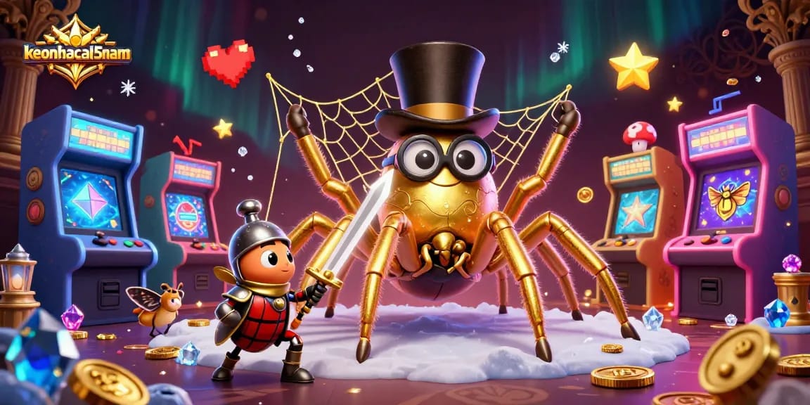 Engage in exciting gameplay with keonhacai5nam as a golden tarantula and beetle knight battle in a vibrant casino setting.