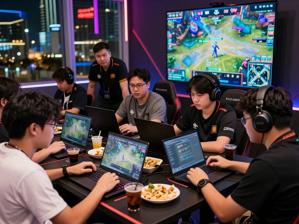 Exciting esports betting scene in Singapore with friends wagering on live matches.