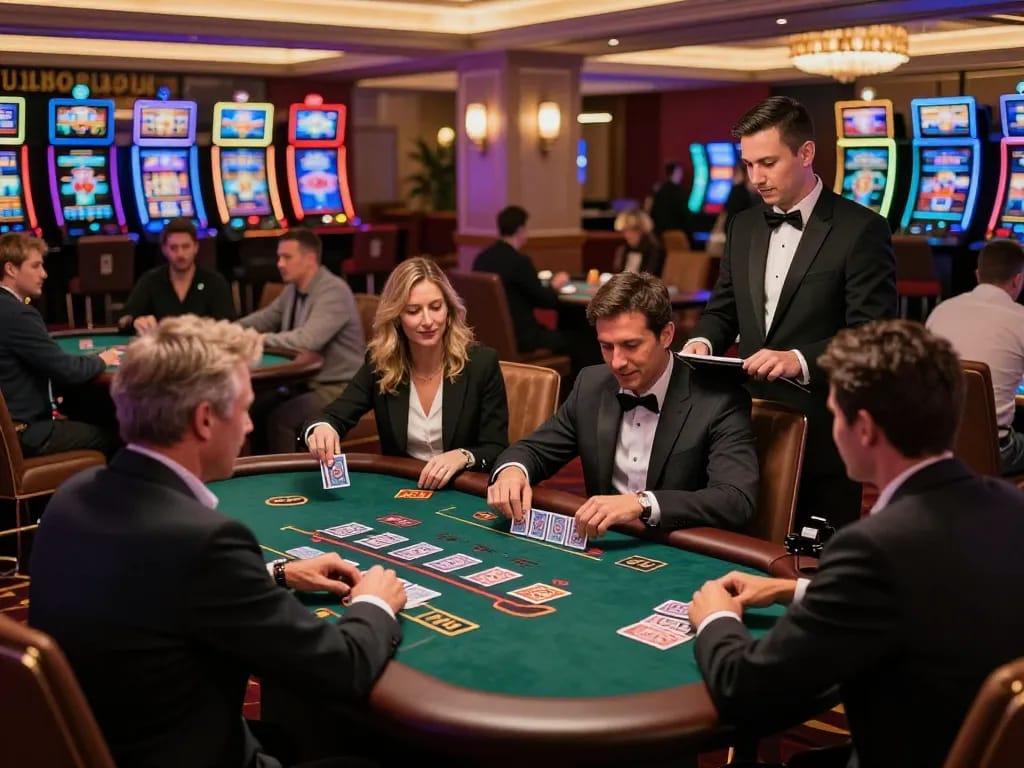RR88 table games engaged with players during thrilling blackjack action in luxury casino.
