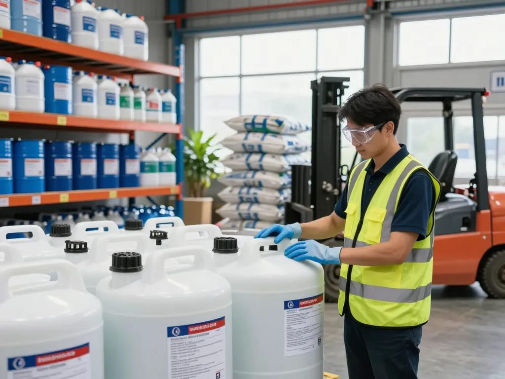 Chemical supplier inspecting labeled containers in a bright industrial warehouse.
