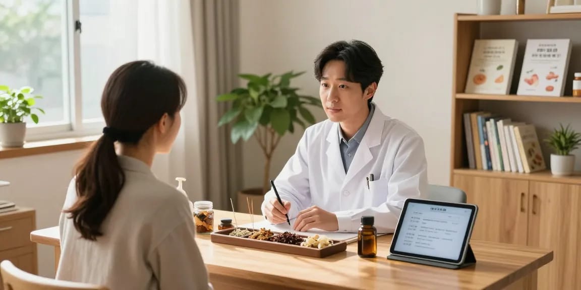 Traditional Korean herbal medicine consultation at 수원한의원 with patient and practitioner.