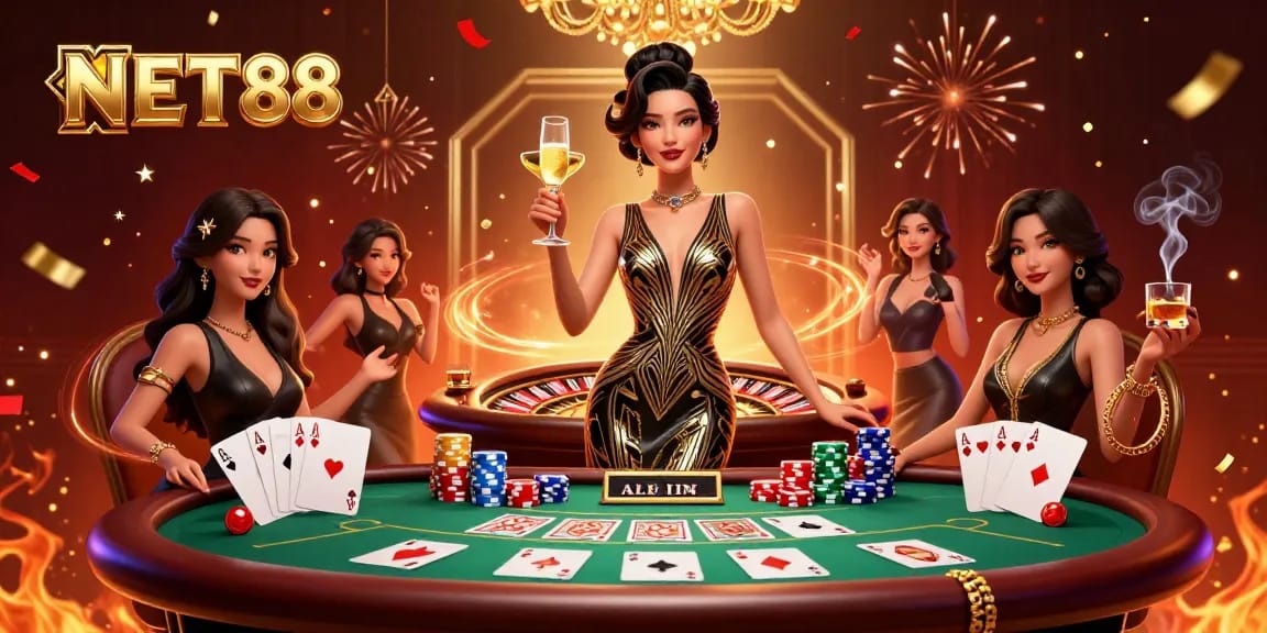 Engage with NET88's vibrant promotion showcasing an elegant woman in a luxurious casino setting.