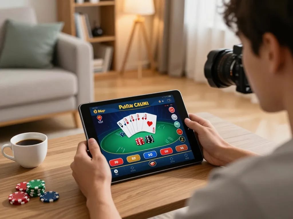 Player actively using the 8day casino app on tablet for online gaming, enjoying strategic gameplay.