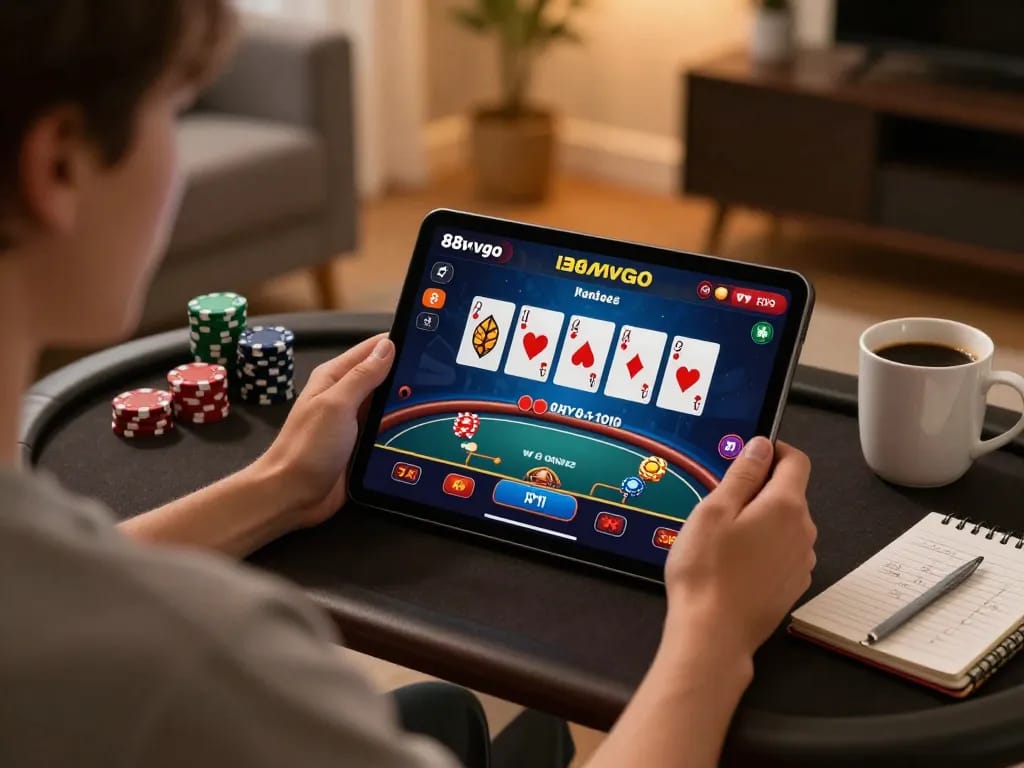 Engaging player using 88vvgo online casino on a tablet at home, showcasing strategic gameplay.