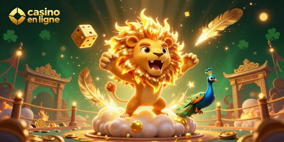 Vivez l'excitation du casino en ligne avec ce lion enflammé et des dés dorés dans un paysage spectaculaire.