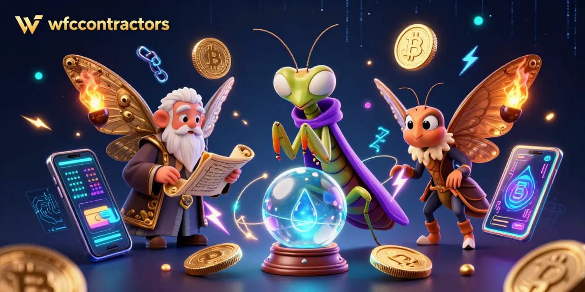 Engage with wfccontractors in this dynamic casino scene featuring mystical characters and crypto elements.