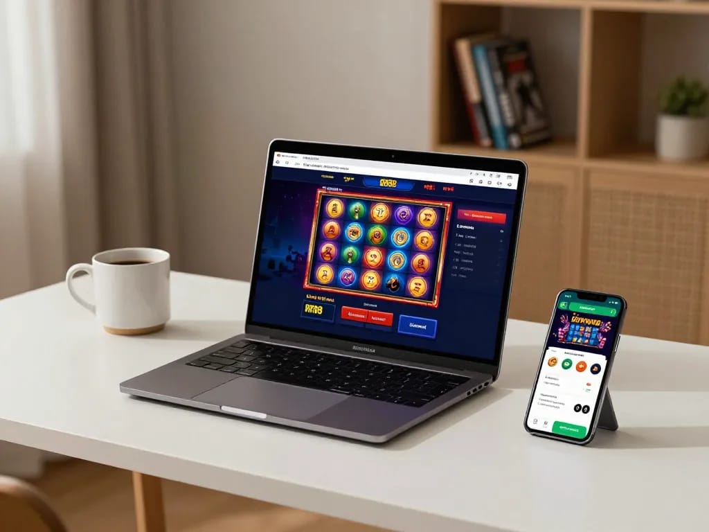Engaging with RR88 online casino on a laptop, showcasing vibrant slots interface in a cozy home setup