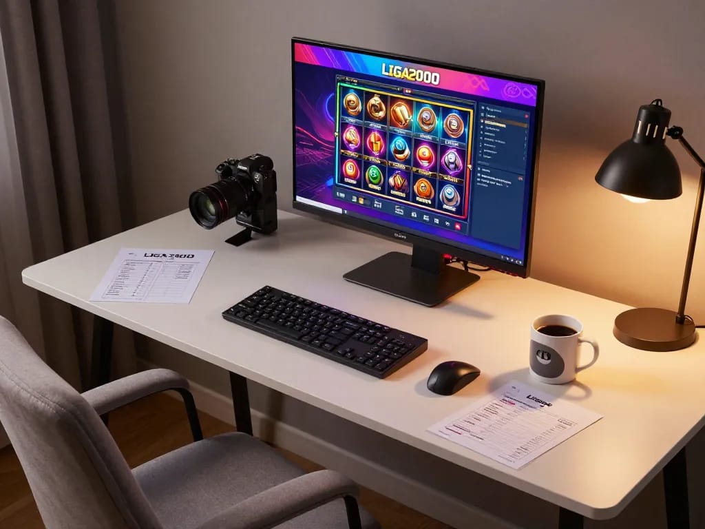 LIGA2000 online gaming session showcasing a stylish setup with slot games and strategic notes.