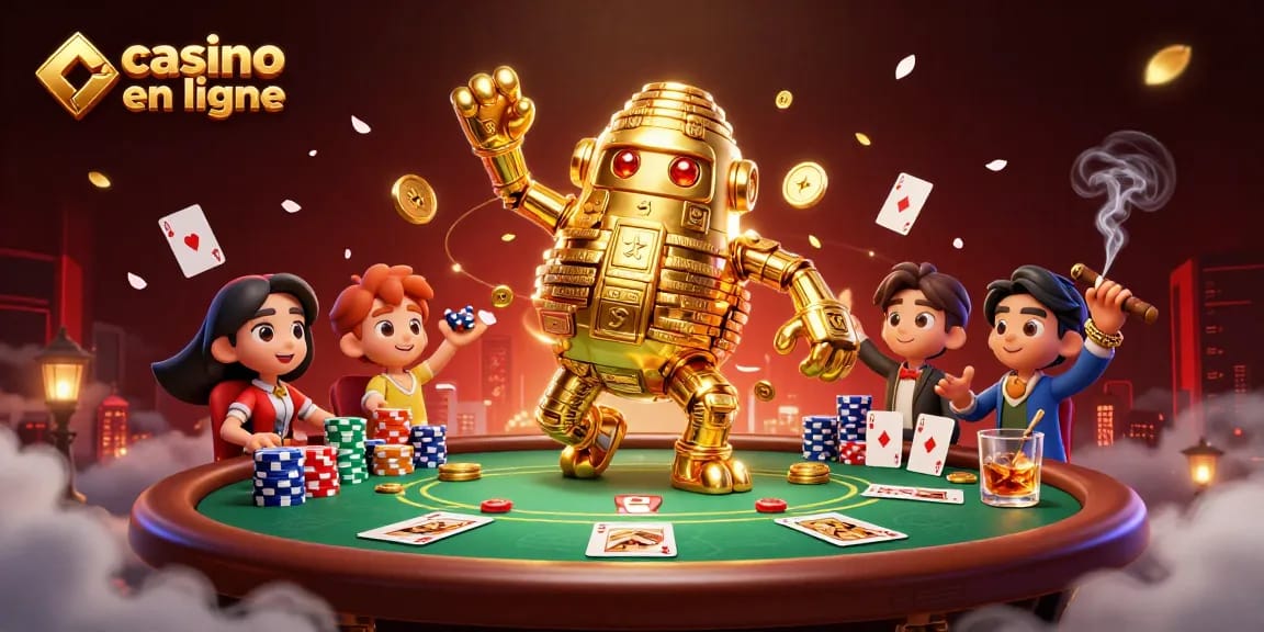 Jouez au casino en ligne avec le golem doré et des jetons de poker dans un cadre dynamique.