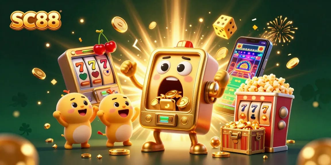 SC88 slot machine hits jackpot, surrounded by cheering baby machines and golden coins.