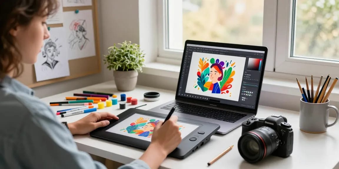 A vibrant artist workspace using the Nano Banana 2 AI image editor for stunning illustrations