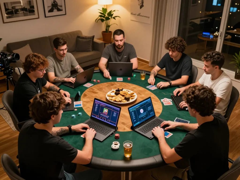 Players engaged in an online poker game using 11win, showcasing intense gameplay and strategic moves.