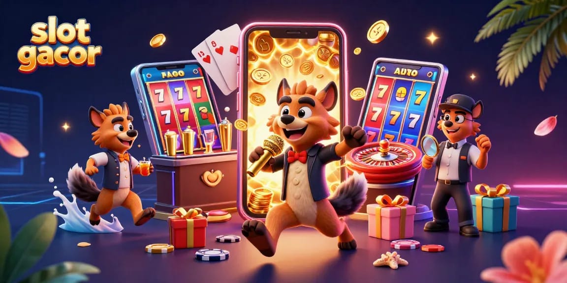 Experience the excitement of slot gacor with vibrant 3D hyenas in a lively casino scene.