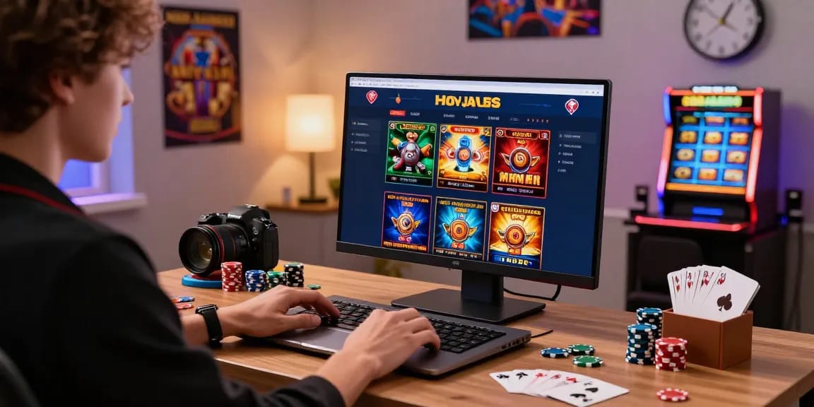 Interazione coinvolgente dell'utente con la piattaforma di casino non AAMS su un laptop, circondato da oggetti da gioco in un ambiente vivace.