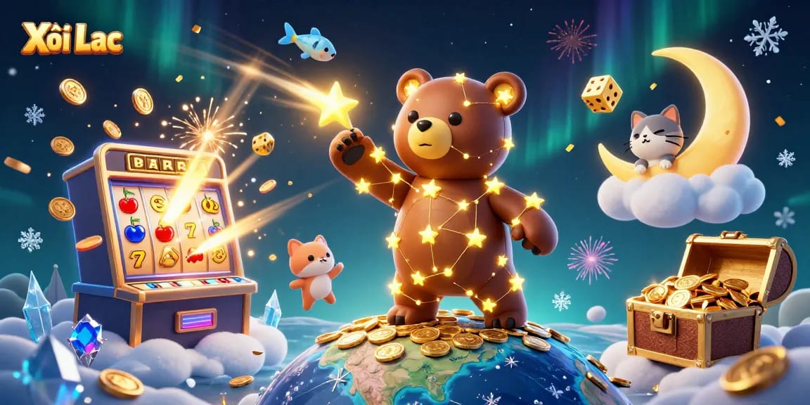 Xôi Lạc wins big with dynamic 3D casino illustration featuring lucky bear and slot machine action