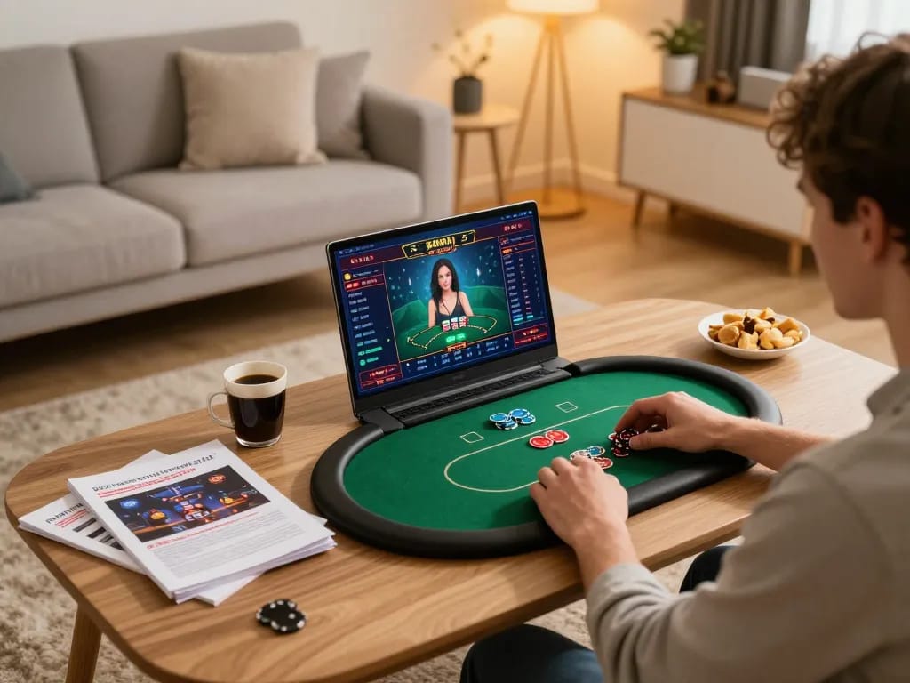 Player enjoying online poker gameplay on laptop with sunwin20 gaming interface visible, warm home setting