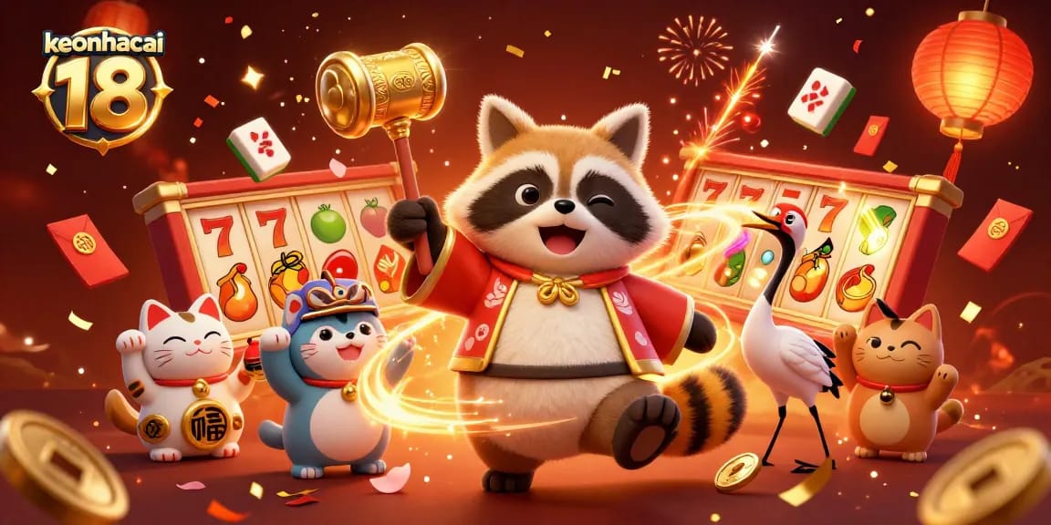 Engage with keonhacai 18 showcasing vibrant slot reels and cheerful fortune characters in a festive casino scene.