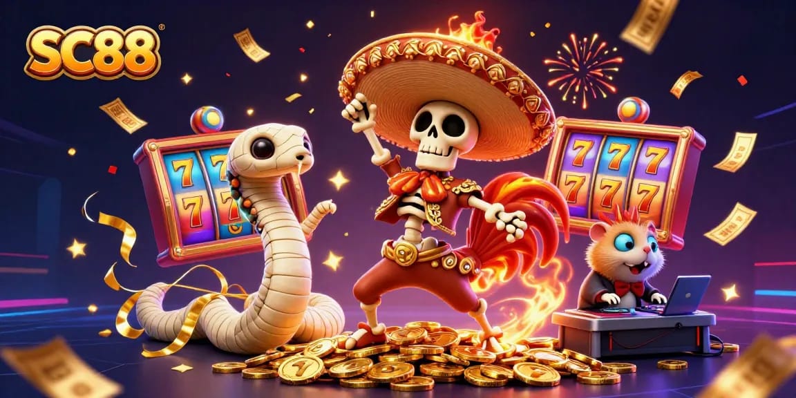 SC88 jackpot celebration with a mariachi rooster, mummy snake, and DJ hamster in a vibrant casino scene.