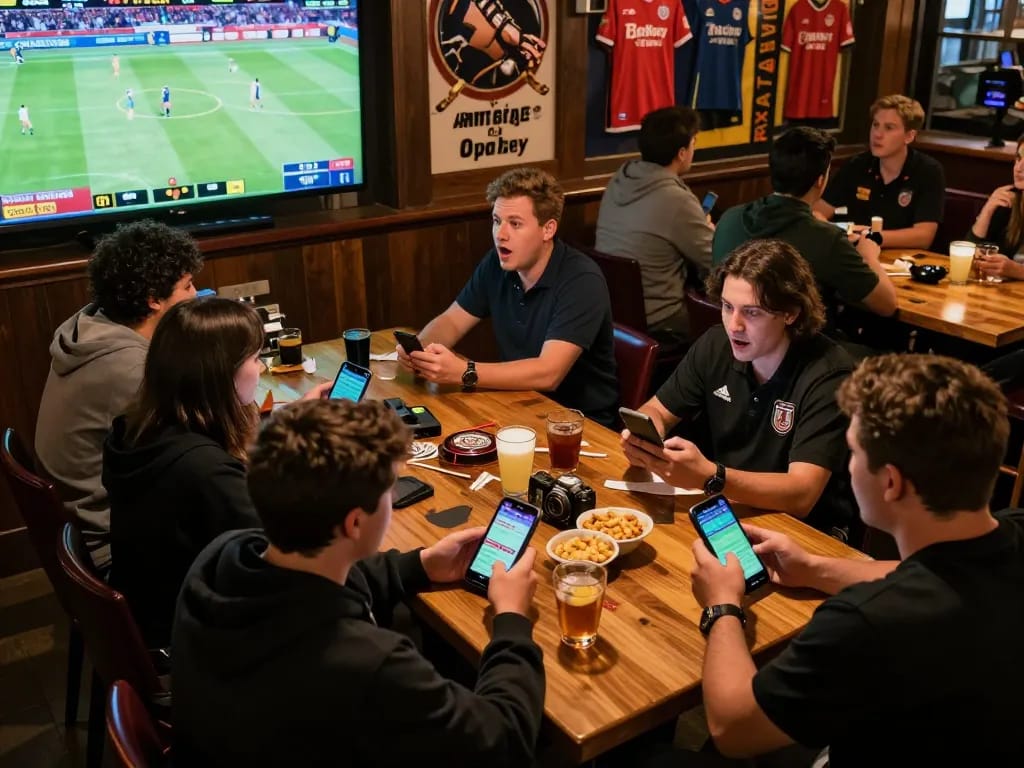Friends placing bets on 789bet during a thrilling sports event in a lively bar.