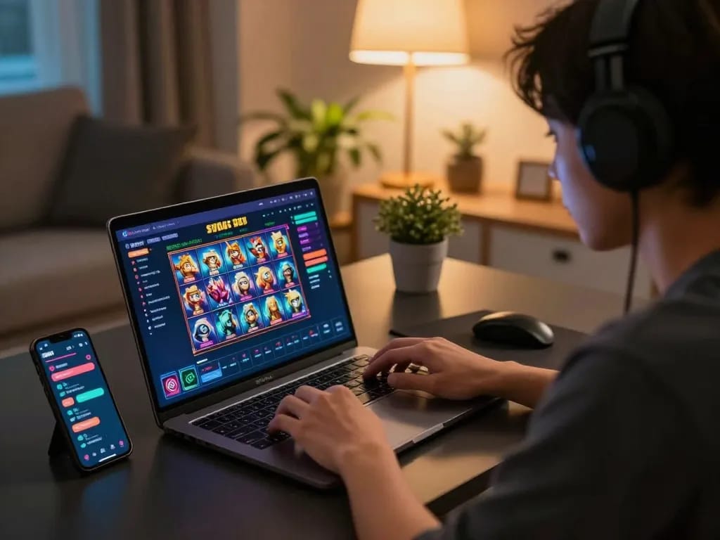 Engaging in situs slot gameplay on a laptop, showcasing a modern online gaming environment.