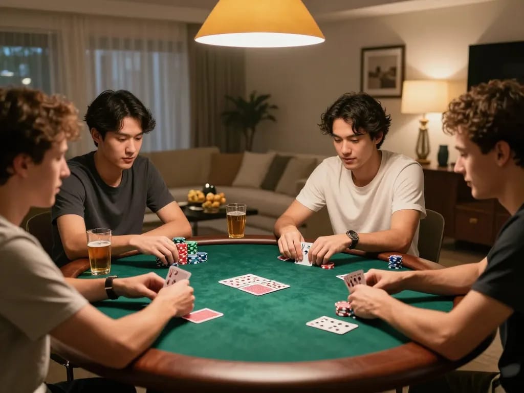 Các người chơi LUCK8 tận hưởng poker với chip và bài trong một không gian ấm cúng tại nhà