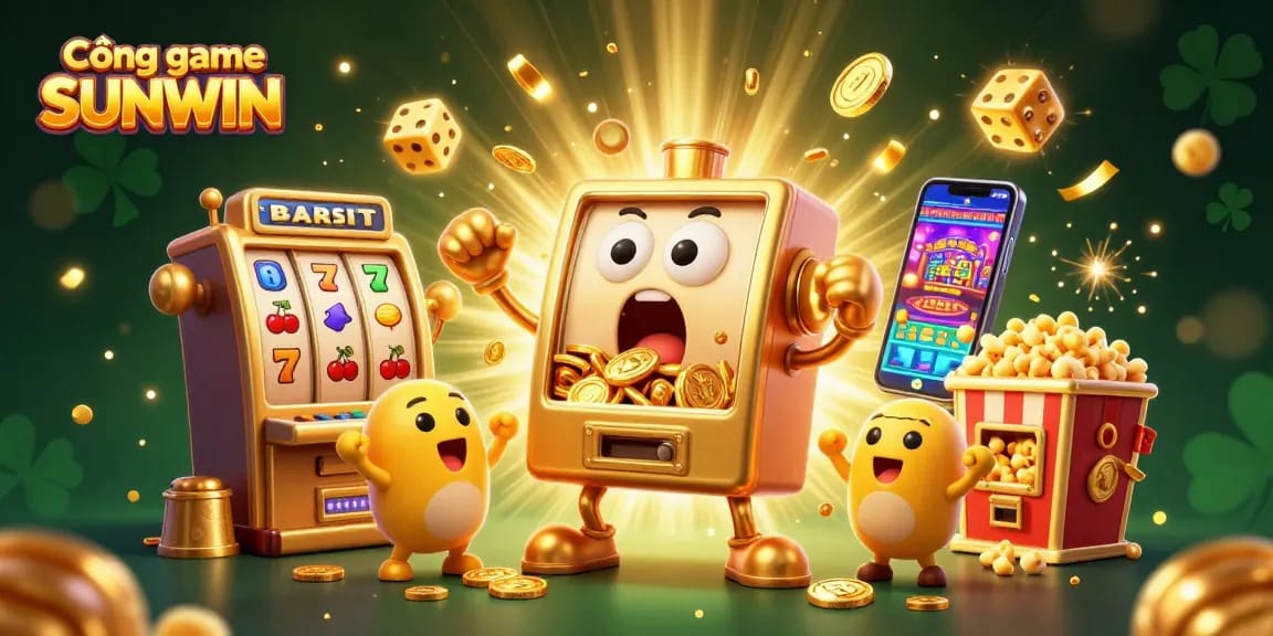 Cổng game SUNWIN showcases a joyous golden slot machine hitting a jackpot amidst a vibrant casino scene.