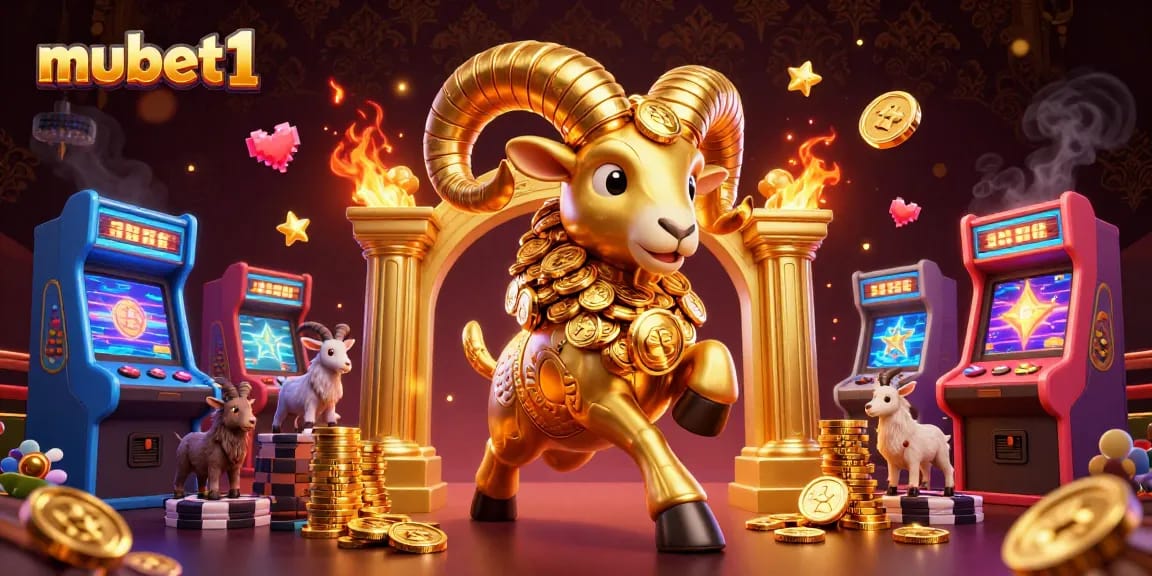 Mubet1 offers thrilling casino experiences with a golden ram charging through colorful gaming elements.