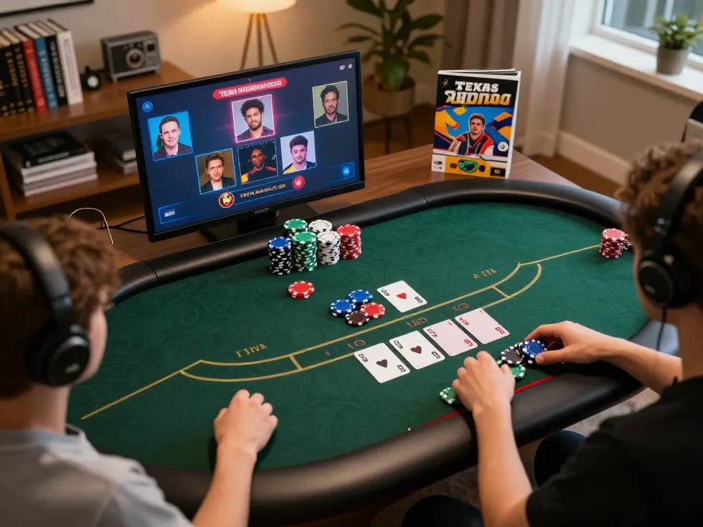 Engaging online poker game showcasing f168 strategy with colorful chips and digital interface in a cozy home setting.