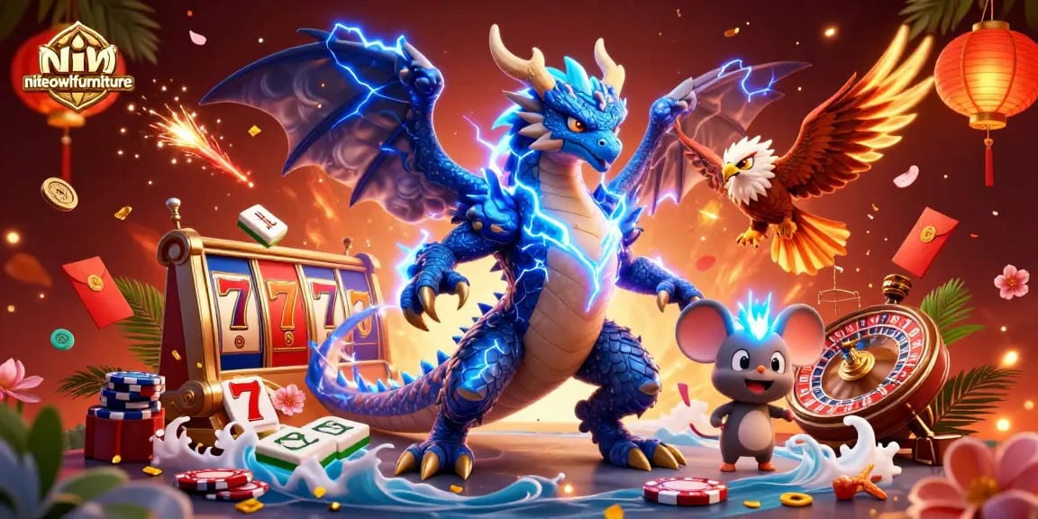Niteowlfurniture showcases a dynamic casino scene with characters amid vibrant slot reels and poker elements.