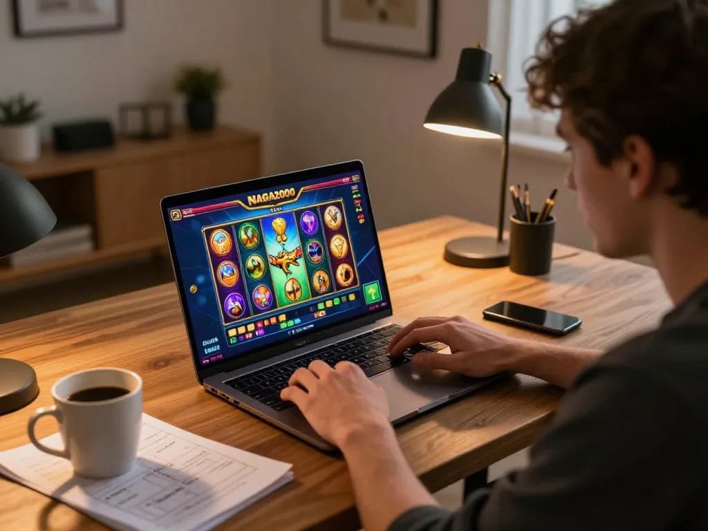 NAGA2000 interface displayed on laptop during an engaging online slot game session with strategic notes nearby.