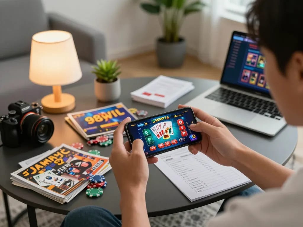 Engaged player enjoying Game Bài 98WIN on smartphone during a cozy home gaming session