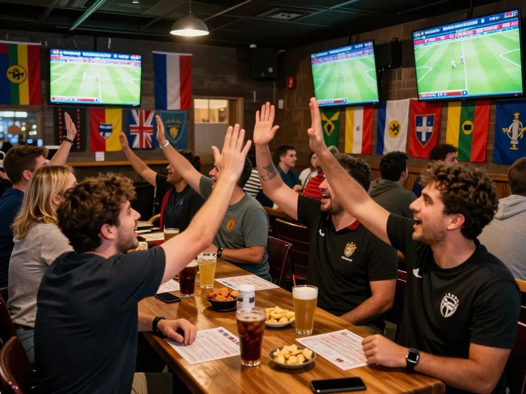 Fans celebrate during World Cup 2026 match in a bustling sports bar while making bets.