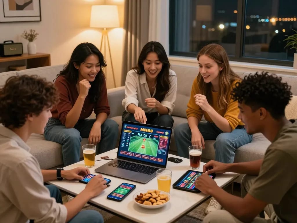 Friends enjoying MM88 online betting and casino games together.