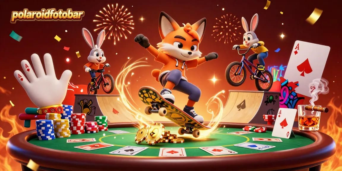 Experience casino thrills with polaroidfotobar's 3D fox skateboarder and colorful poker elements.