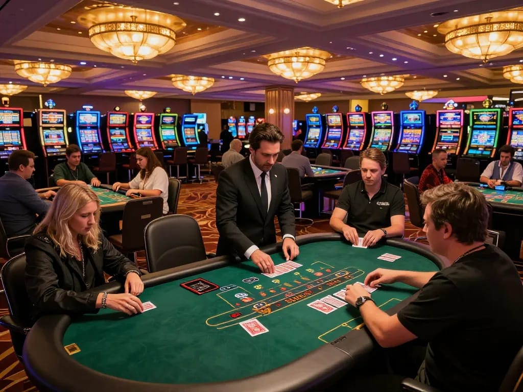 Engaged players enjoying a game of blackjack at KWIN casino, highlighting the vibrant atmosphere and strategic gameplay.