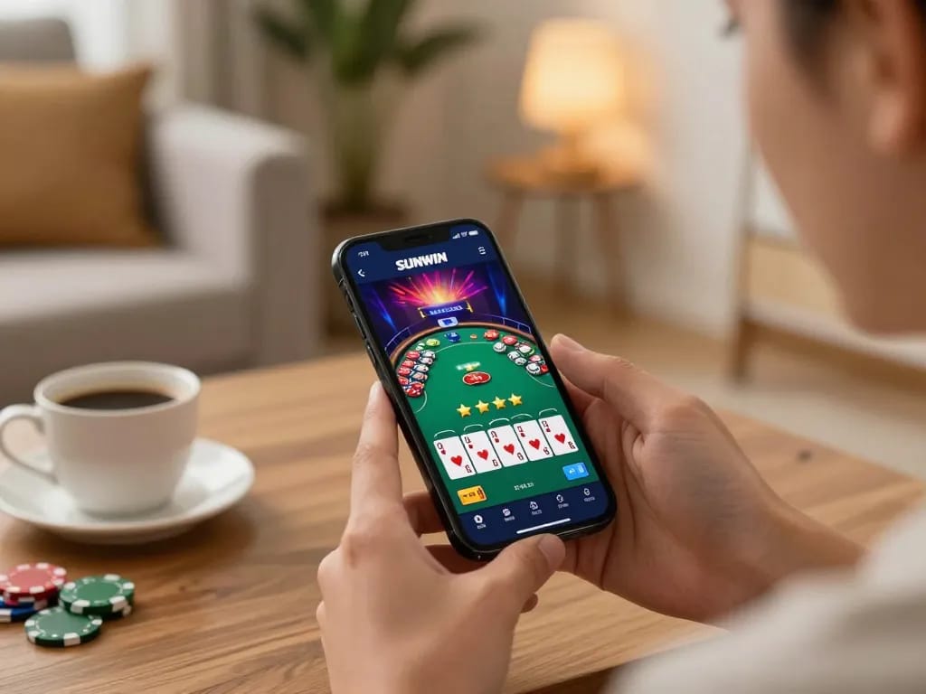 SUNWIN user engaging in online casino gameplay, showcasing vibrant poker game interface