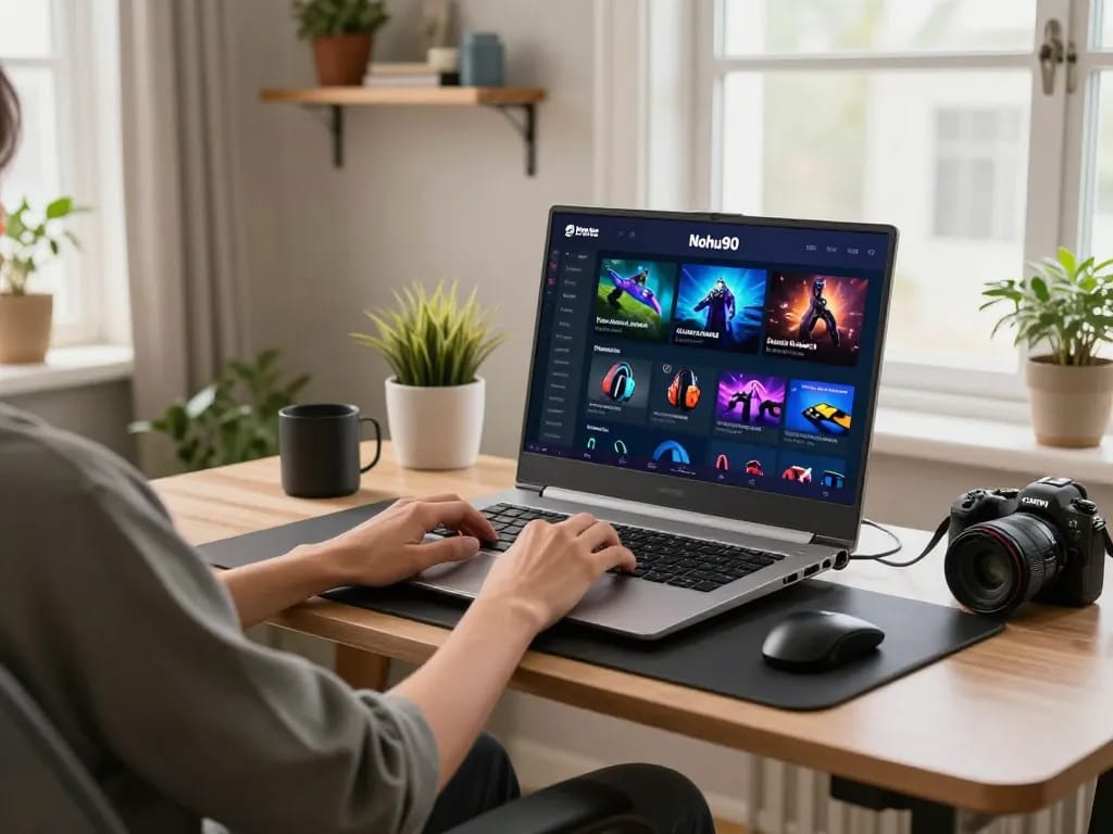 Nohu90 player engaged in online gaming on a sleek laptop in a cozy environment.