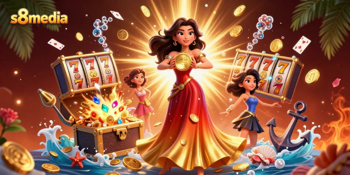 Exploring gaming treasures at s8media with a stunning Asian woman, gold coins, and vibrant casino elements.