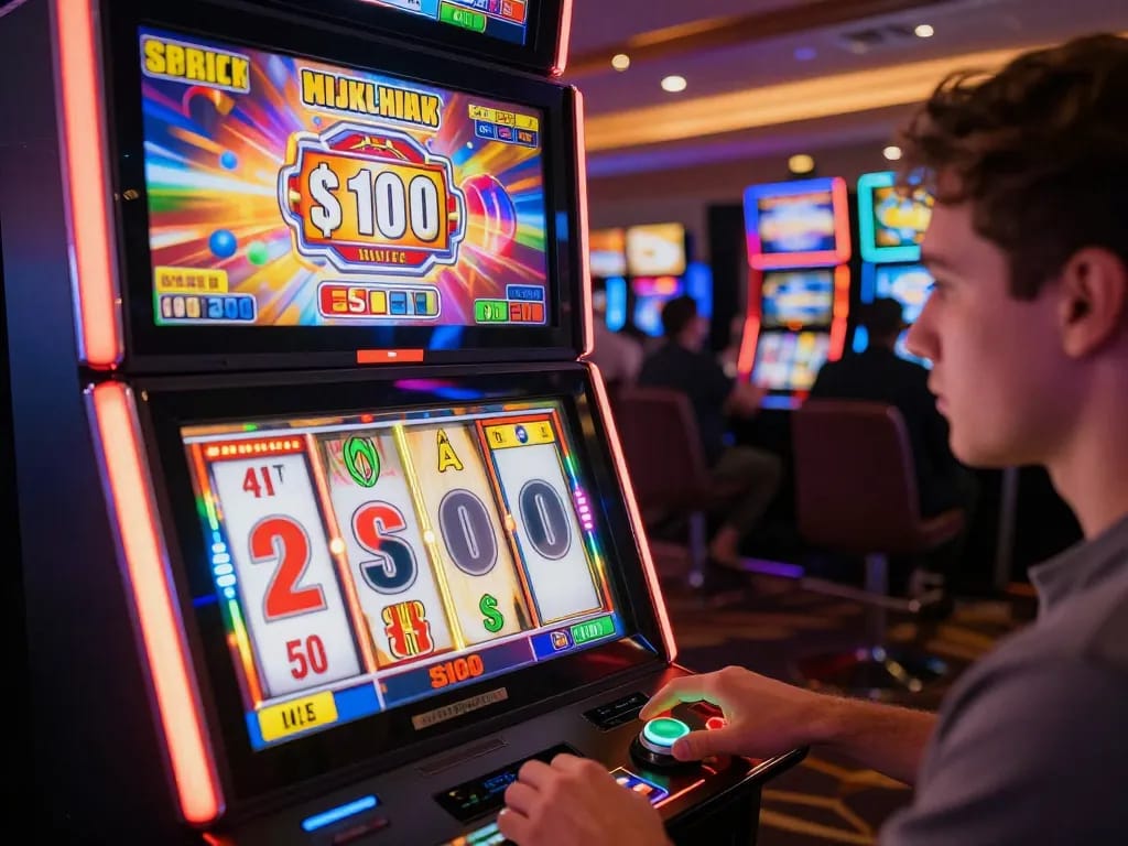 Engaging gameplay on a slot bet 100 machine with vibrant lights and spinning reels in an upscale casino
