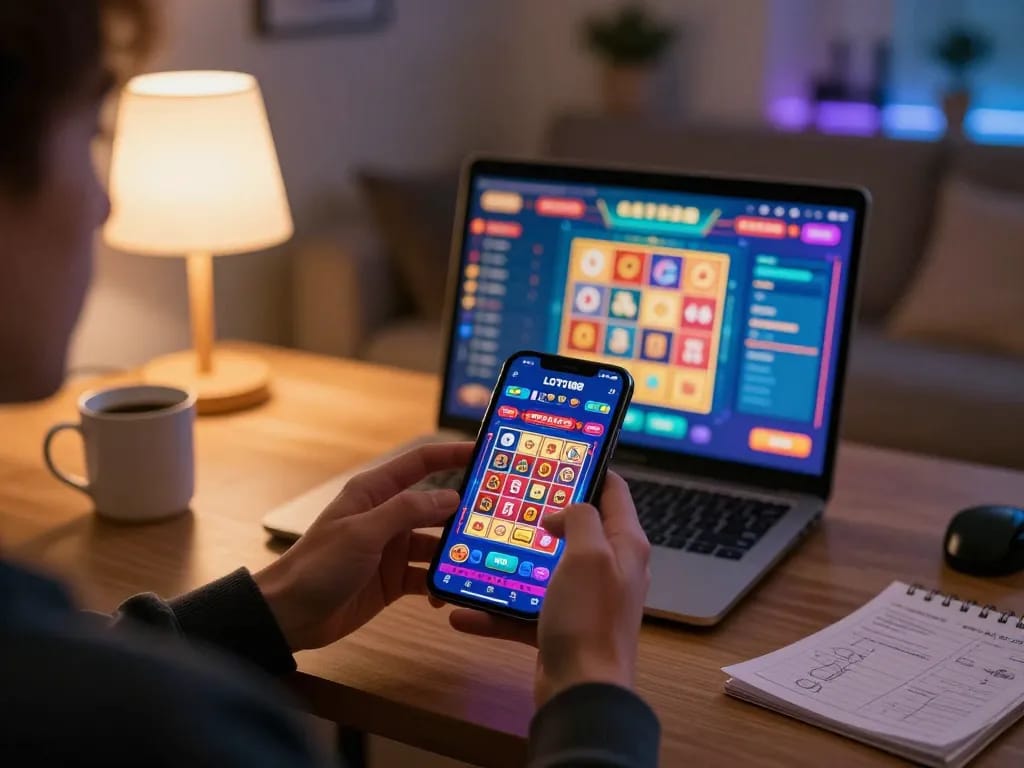 Engage with the LOTO188 casino app in a cozy home setting, showcasing online gambling excitement