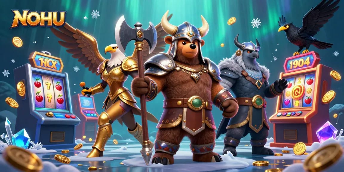 Engage with NOHU's spirit in a vibrant 3D casino island featuring action-packed slot machines and dynamic characters.
