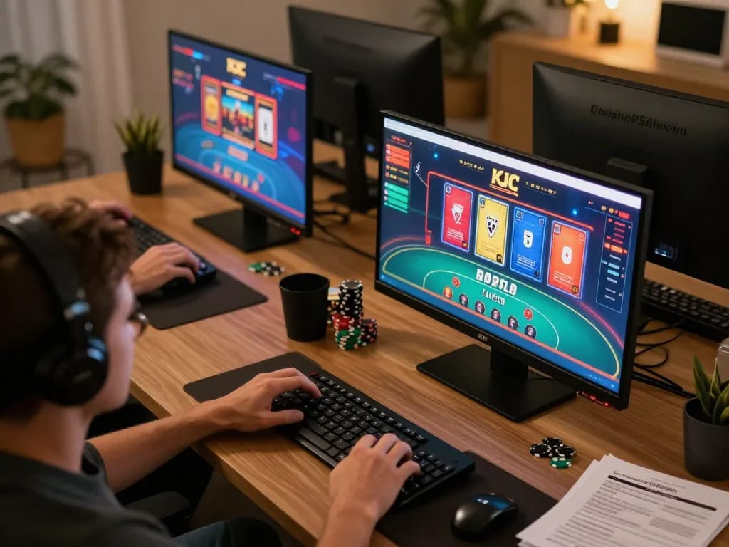 KJC online gaming enthusiast engaging with multiple casino games in a modern setup