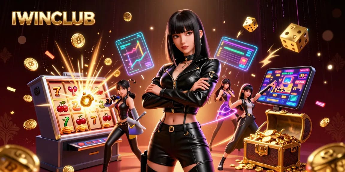 IWINCLUB offers a vibrant casino experience featuring a stunning Asian woman surrounded by dynamic gaming elements and flashing jackpots.